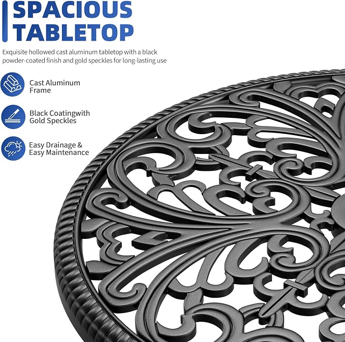 Garvee 23" Round Patio Dining Table with Umbrella Hole,Antique Cast Aluminum Outdoor Bistro Table,Umbrella Table,Side Table,End Table,Outdoor Furniture for Backyard,Garden,Patio,Porch,Black