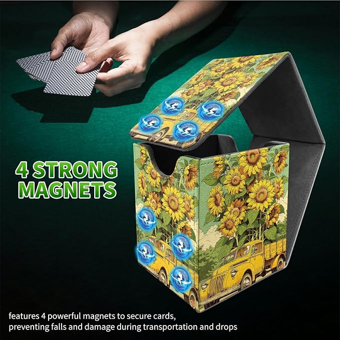 Sunflower Truck Card Deck Box for MTG, Personalized Card Storage Case Fits 120+ Sleeved Cards, Premium Leather TCG Box with Strong Magnetic Closure for Magic, CCG, PTCG, Baseball Cards