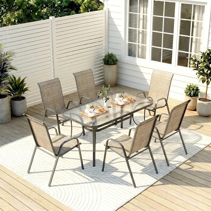 TLSUNNY 7 Pieces Patio Dining Set, Outdoor Table and Chairs W/1.69″ Umbrella Hole, 30"X 55" Table and Stackable Textilene Chair, All Weather Patio Furniture Set (Umbrella not Included) (Brown)
