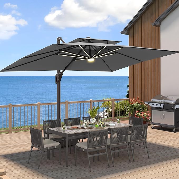 9 X 12 FT Cantilever Patio Umbrella with Led Lights and Base Included Heavy Duty Outdoor Double Top Large Rectangle Offset Umbrellas with 360-degree Rotation for Garden Pool Deck Backyard, Grey