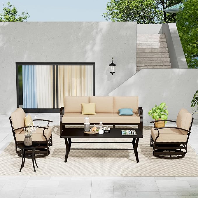 Aluminum Patio Furniture Set with Coffee Table,5 Seats Metal Modern Outdoor Furniture Set w/5.1" Thick Cushions,Patio Sectional w/Swivel Chairs for Backyard,Patio,Sand