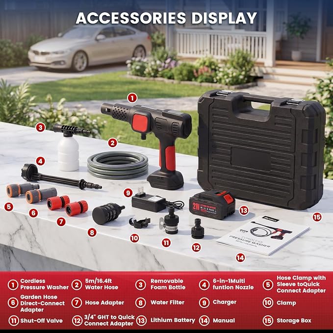 Cordless Portable Washer, 1750 PSI Max Brushless Motor, Hanheld Washer with 4.0Ah Batteries, LCD Display & 4 Gears, Direct Tap & Garden Hose, 7-in-1 Nozzle & Foam Cannon for Auto,Patio, Siding