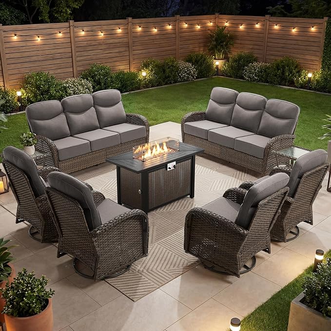 Outdoor Swivel Rocking Chair Patio Set (9pcs) High-Back - Thick Cushion Swivel Rocking Chair Patio with Fire Table Set, All-Weather Wicker Patio Furniture Set, Suitable for Balcony Patios, Brown/Gery