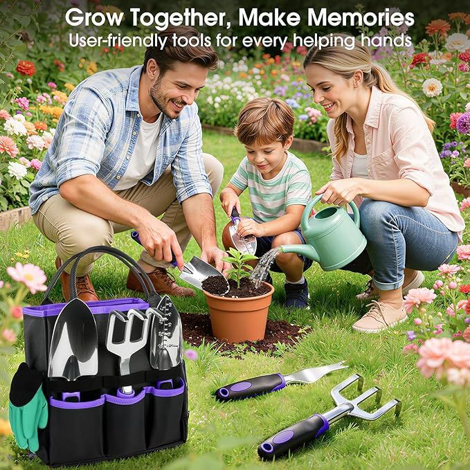 WOWBOX Garden Tools Set - 10 PCS, Heavy Duty Gardening Hand Tools Kit with Storage Tote, Rust-Resistant Gardening Supplies for Planting with Non-Slip Ergonomic Handle for Women and Men (Purple)