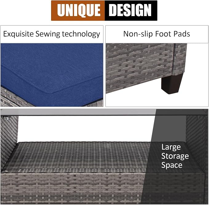 Tangkula 4 Pieces Rattan Conversation Set, Patiojoy Outdoor Furniture Set with Cushions, Lounge Sofa Set with Coffee Table, Patio Sectional Sofa Set for Patio Garden Poolside Backyard (Navy)