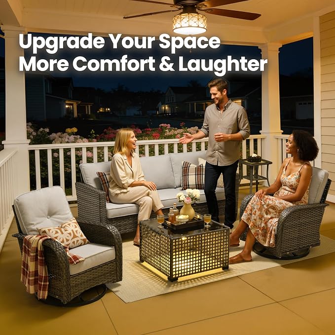 5 Piece Wicker Patio Furniture with Swivel Rocker Chair, Gray | High Back Swivel Rocker Chairs, All Weather Rattan Outdoor Sofa, Solar Lights Table, Modern Conversation Sets, Deck Backyard