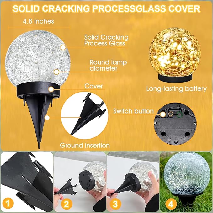 Solar Lights Outdoor Waterproof 30LEDS, 4 Pack Cracked Glass Solar Globe Lights Outdoor with Auto On/Off, Outside Decorations for Yard,Garden,Patio, Pathway,Landscape - Warm White
