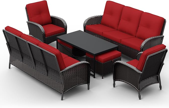 Joyside Wicker Patio Furniture Set, 7 Piece Outdoor Furniture Set with Thickened Cushions, High Back, Deep Seating, Wide Armrest, Rattan Outdoor Chairs for Porch, Deck
