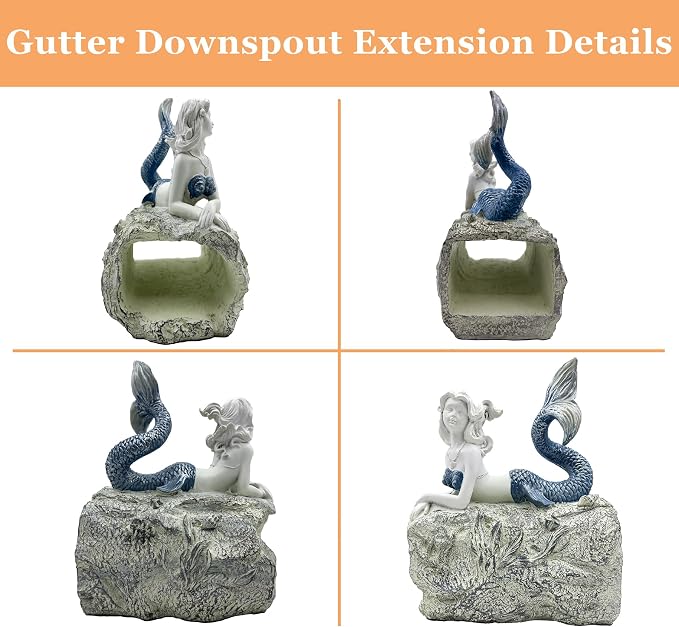Teaeeno Mermaid Gutter Downspout Extension Decoration, 3''x4'' Downspout Extender Diverter Splash Block Sculpture Outdoor Decor, Animal Resin Statue