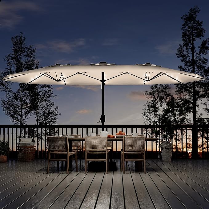 KYBOLT 15 Ft Large Patio Umbrella with Solar Lights, Outdoor Double-Sided Rectangle Umbrella with Base, Outdoor Umbrella for Backyard, Pool, Patio, Beige
