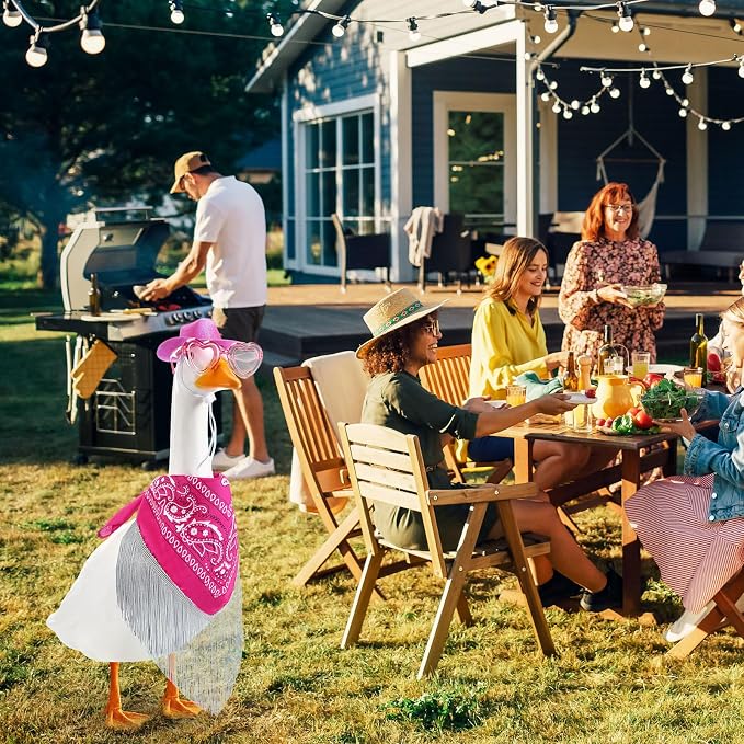 Disco Cowgirl Porch Goose Outfit 23" Cement Goose Statue Fringe Bandana Sunglasses for Summer Lawn Desk Patio Yard(Rose Red)