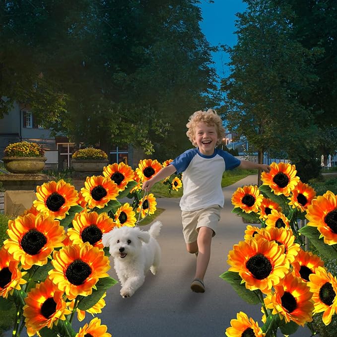 Solar Garden Lights Outdoor - Sunflower Solar Flowers Lights Outdoor Decorative Waterproof, 40 Hours Yard Pathway Light Solar Powered for Grave, Cemetery Decoration, Backyard Decor, Gift for Mom, 4pcs