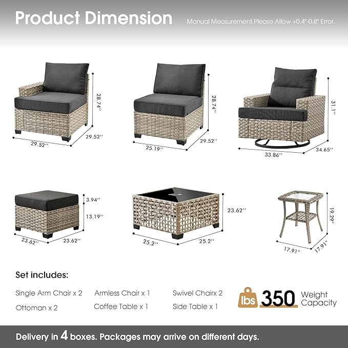 Rattan Patio Furniture Set with Swivel Chairs,9 Pieces Outdoor Sectional with Ottoman Glowing Coffee Table,Out Door Furniture Conversation Set,Black