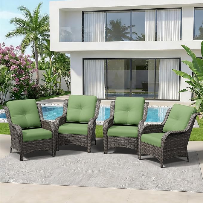 4 Piece Outdoor Wicker Patio Furniture Set, Patio Chairs Set of 4 with Thickened Olefin Cushions, High Back and Deep Seating, Hand-Woven PE Rattan for Porch, Deck, Green