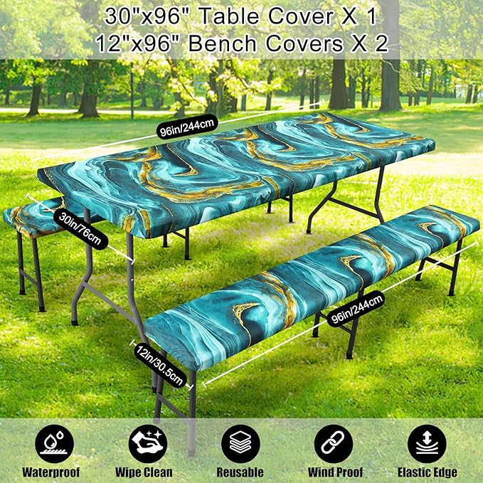 Smiry Picnic Table Cover with Bench Covers, Waterproof Elastic Fitted Tablecloth for 8 Foot Tables, Washable Polyester Tablecloths for Camping, Indoor & Outdoor (Teal & Gold, 30x96 Inch 3-pc Set)