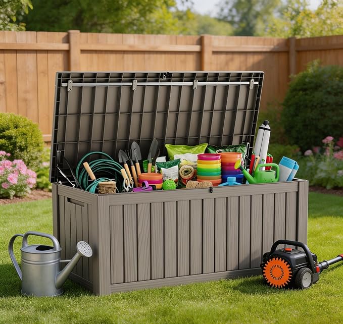 LAUSAINT HOME 90 Gallon Resin Deck Box, Package Delivery Box with Lockable Lid, Waterproof Outdoor Storage Box For Garden Tools, Patio Cushions(90 Gallon,Grey)