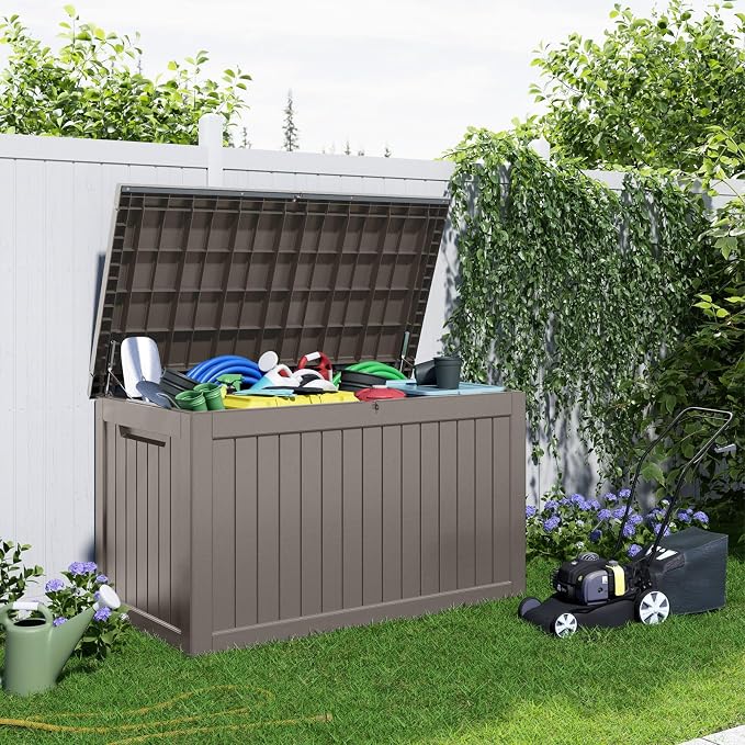 PatioZen 280 Gallon Deck Boxes Outdoor Waterproof, Weatherproof Outdoor Storage Boxes Lockable for Patio Furniture, Pool Supplies,Garden Tools(Grey)