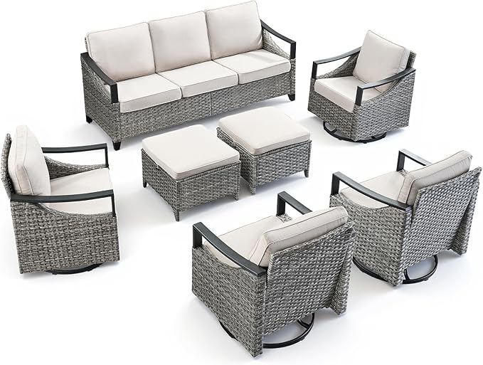 7 Piece Outdoor Patio Furniture Sets-High Back Wicker Swivel Rocker Patio Chairs Set of 4 with Thick Cushions Ottomans, Outdoor Sofa, Patio Conversation Sets for Porch Balcony Patio Deck Grey/Beige