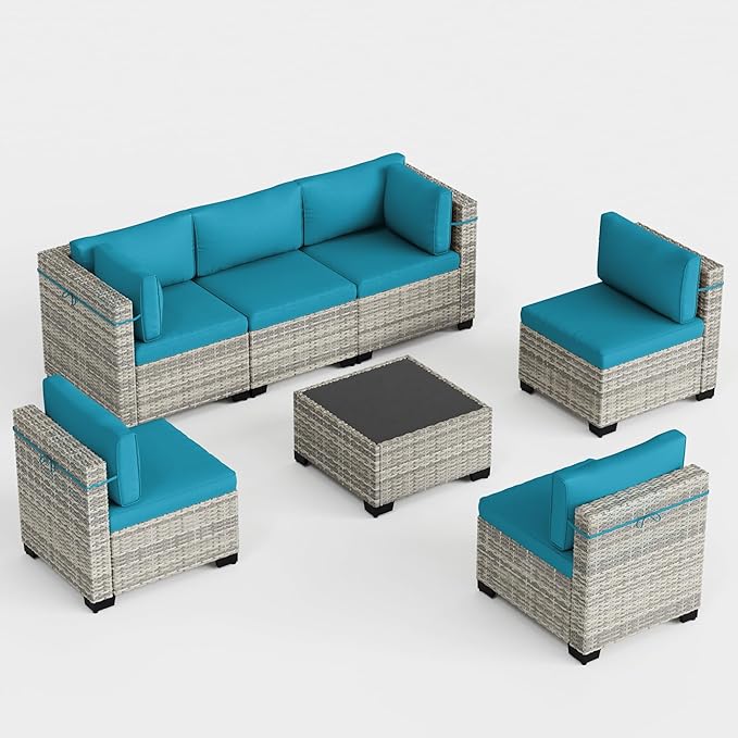 7-Piece Outdoor Patio Furniture Set, PE Wicker Rattan Sectional Sofa Conversation Set with Tempered Glass Table & Thick Cushions - All-Weather Garden, Backyard Furniture, Turquoise