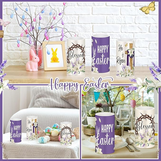 Retisee 3 Pcs He is Risen Easter LED Candles Cross Easter Flameless Candles Battery Operated with Remote Christian Bunny Flower Rabbit Spring Decor for Bedroom Living Room Decorative