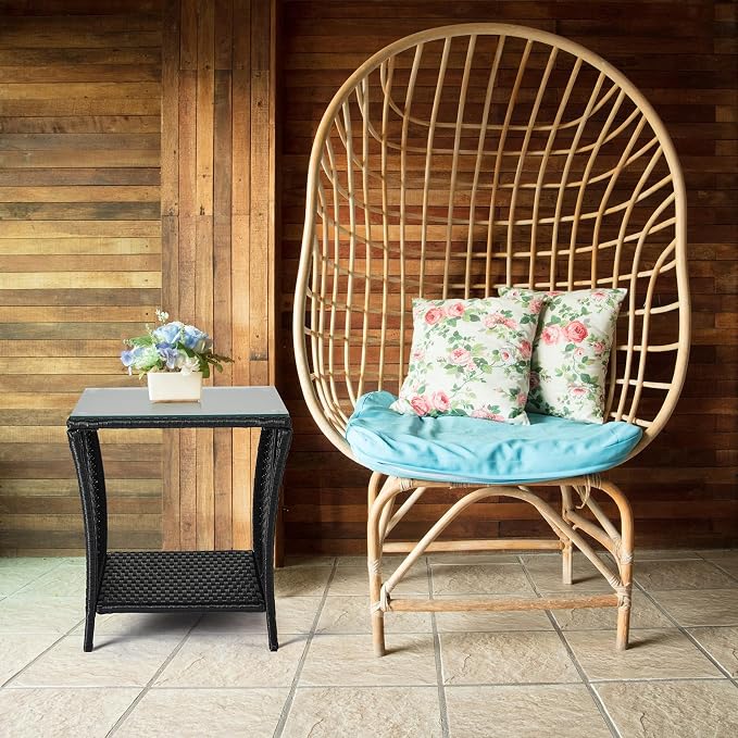Wicker Rattan Side Table,Outdoor Patio Wicker Side Table, Square End Table Bistro Coffee Table with Glass Top Storage Shelf for Porch Garden Backyard Black