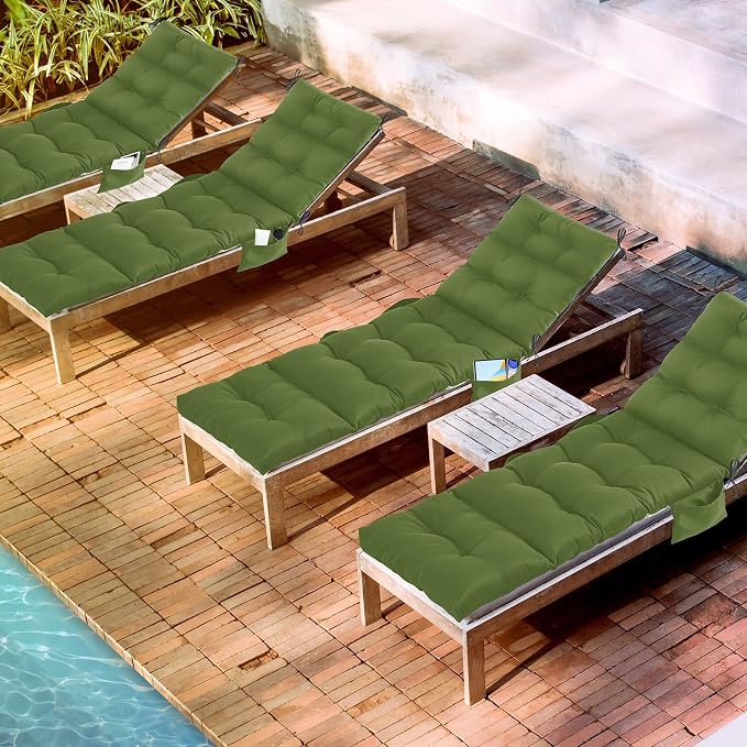 Kigley 2 Pcs Outdoor Chaise Lounge Cushions with 3 Side Pocket 74.5 x 22 x 4.7 Inch Patio Chaise Lounge Cushion, Water-Repellent and Fade-Resistant Tufted Summer Replacement(Moss Green, Solid Color)