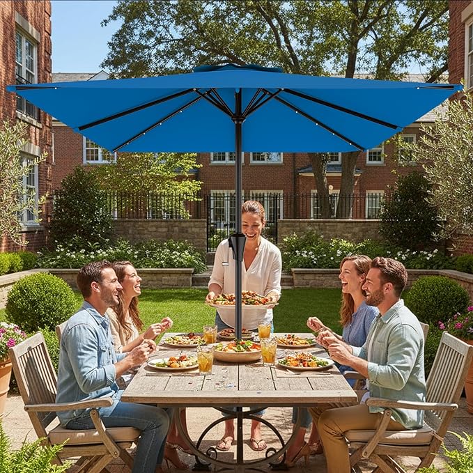 AreShark 8' X 10' Rectangular Patio Umbrella with Solar Lights, Lighted Solar Umbrella with Crank, Outdoor Table Umbrella for Garden, Deck, Backyard, Pool and Beach, Royal Blue