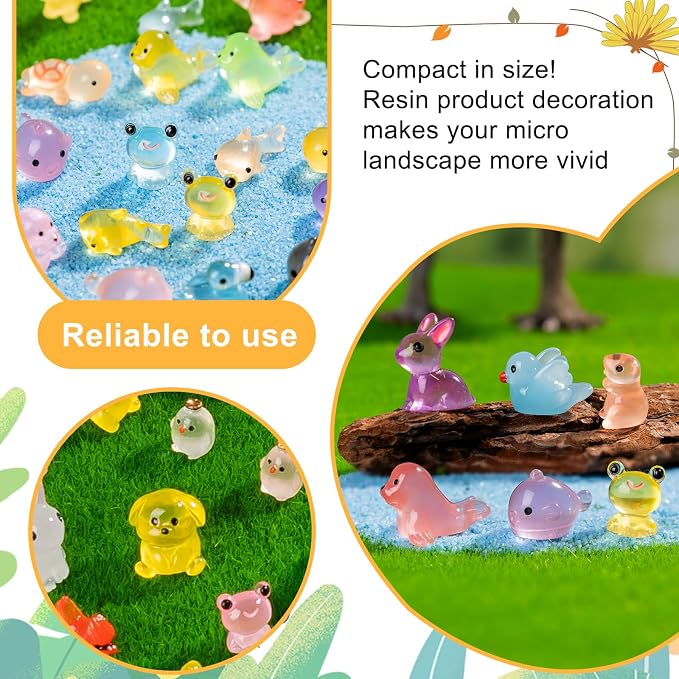 110 pcs Luminous Mini Resin Animals Many Styles Variety Tiny Animals Figures Miniature Little Small Animal Figurines Bulk for Micro Fairy Garden Landscape Accessories Hide Crafts Decor Aquarium