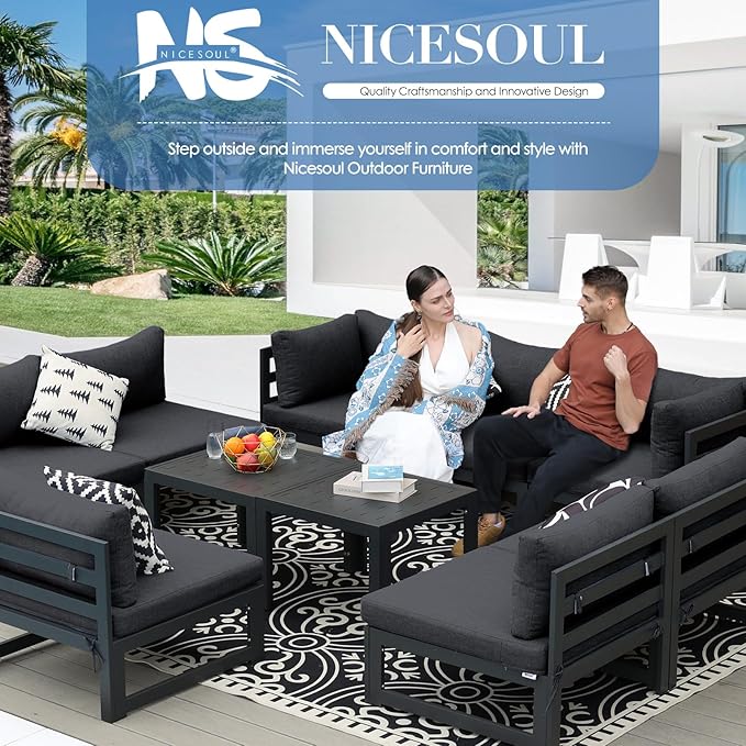 NICESOUL Aluminum Patio Furniture Set 8 Seat, 29" Deep Seating, Modern L Shaped Modular Outdoor Sectional Sofa with Coffee Table, Oversized Comfortable Conversation Set for Backyard Garden, Dark Gray