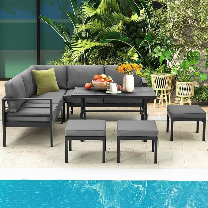 All Weather Aluminum Frame Patio Conversation Set, 7 Pieces Outdoor Patio Furniture, Patio Furniture Set, Outdoor Patio Set for Lawn, Garden, Balcony, Poolside, Conversation Set(Black)