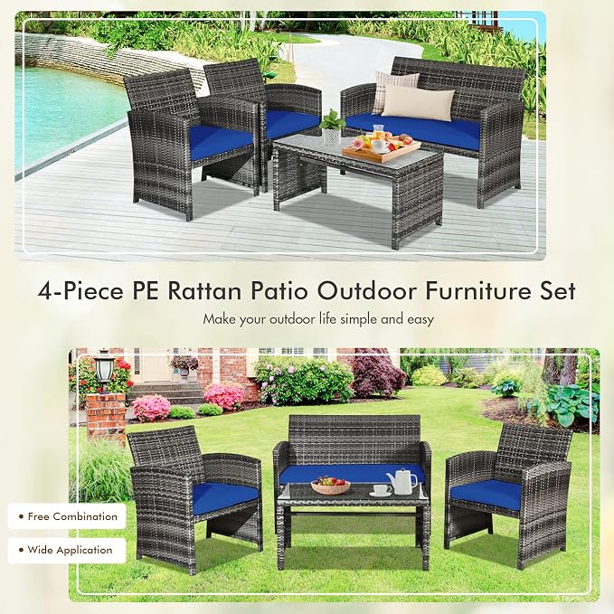 Outdoor Conversation Set, 8 Pieces Wicker Patio Chair Set with Ergonomic Curved Design, Water-Resistant Cushion & Tempered Glass Table for Balcony,Porch(Navy Blue)