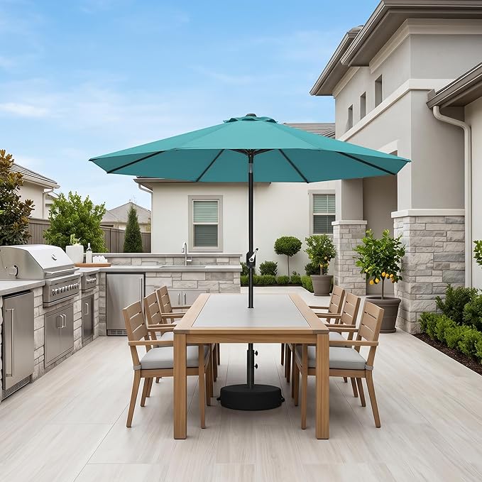 PURPLE LEAF 9' Round Patio Umbrella Outdoor Table Umbrella Aluminum Frame Market Umbrella with 8 Sturdy Ribs & Tilt for Garden Deck Lawn Pool Turquoise Blue