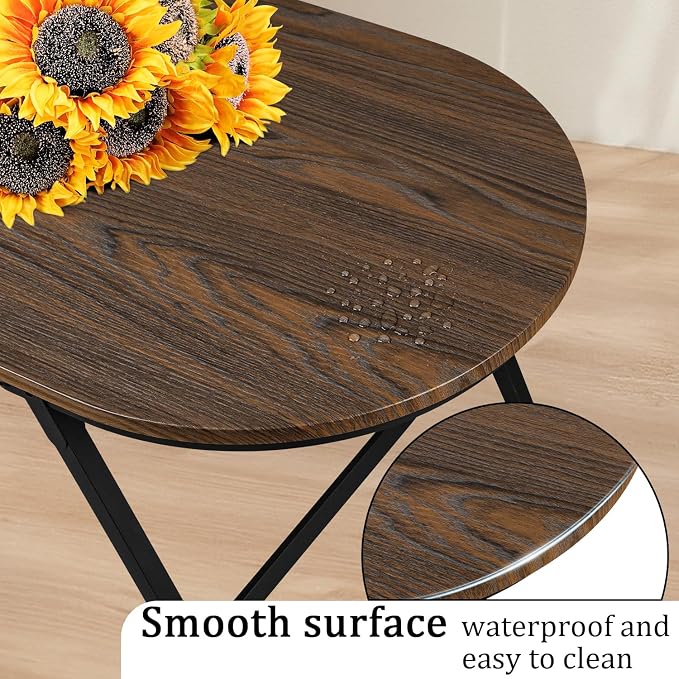 Foldable Coffee Table Oval Small Coffee Tables with Metal Legs Floor Table Desk for Sitting on the Floor Low Coffee Table for Small Spaces Living Room Outdoor Use Dark Brown