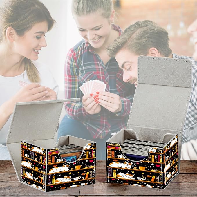 Card Deck Box for MTG, Cards Storage Box Fits 120+ Sleeved, Leather Small Size Strong Magnetic Closing Card Case for Board Games Magic TCG CCG Baseball Collection, Black Book Cat