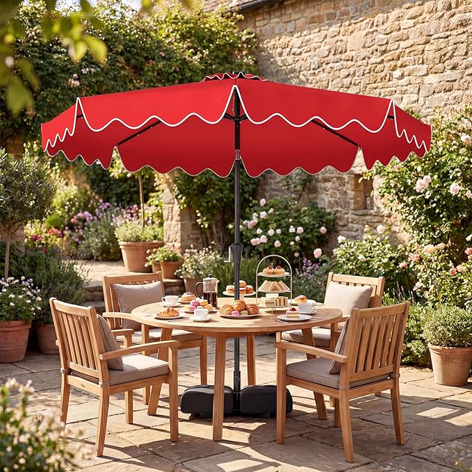 Tangkula 10 FT Solar Patio Umbrella with Base Included, 2-Tiers Outdoor Scalloped Table Umbrella with 32 LED Lights, 2 Sandbags, Tilt Adjustment, Crank, 8 Ribs for Market Backyard Pool Deck Beach Lawn (Red, 10 FT)