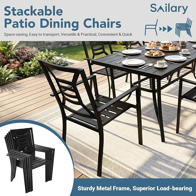 7 Pieces Patio Dining Set for 6, Large 60" Outdoor Metal Table with Universa Umbrella Hole & Stackable Iron Chairs, Patio Furniture Set for Deck, Backyard, Yard, Porch