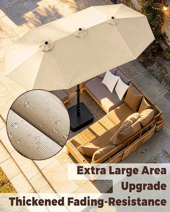 GDPFN 15FT Large Patio Umbrella with Base Included, Outdoor Deck Standing Umbrella with Crank Handle, Double-Side Rectangular Pool Umbrella for Outside, Market, Patio, Beige