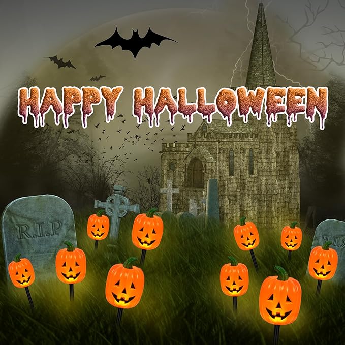 BRIGHTDECK Halloween Pumpkin Stake Lights, Set of 10 Decorative Solar Pumpkin Lights, Waterproof Halloween Decorations for Outdoor Garden and Yard
