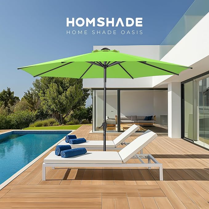 HOMSHADE 9ft Outdoor Patio Umbrella - Market Table Pool Deck Umbrella UPF50+ UV Protection with Push Button Tilt, Crank and 8 Sturdy Ribs (Green, No base)