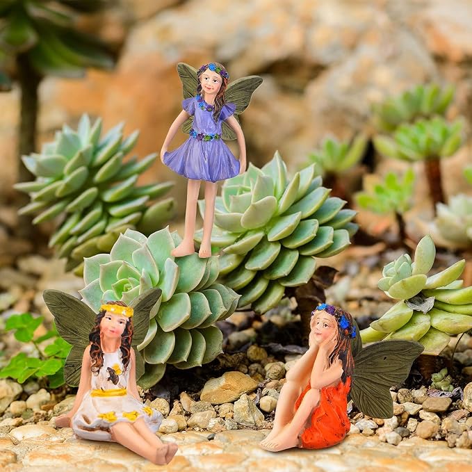 6 Miniature Fairy Figurines for Garden Outdoor, Resin Fairies with Sticks | Fairy Garden Accessories, Set of 6, Tiny Girl Sculptures, Plant Pot Decor, Lawn Ornaments, Indoor Outdoor Use