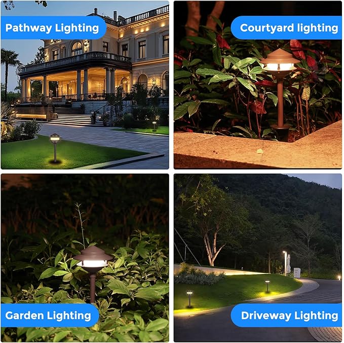 Gardencoin Pagoda Low Voltage Landscape Pathway Lights, 12V Outdoor LED Path Lights Wired, Aluminum Walkway Lighting with 4W 2700K Replaceable G4 Bulb, Bronze Classic 2-Tier Lantern, 6 Pack