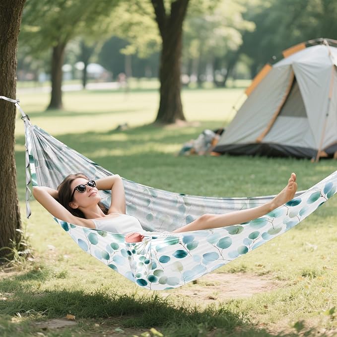 Camping Hammock Outdoor Hammocks for Outside Eucalyptus Leaf Watercolor Beach Trees Portable Lightweight with Pockets Tree Straps Indoor