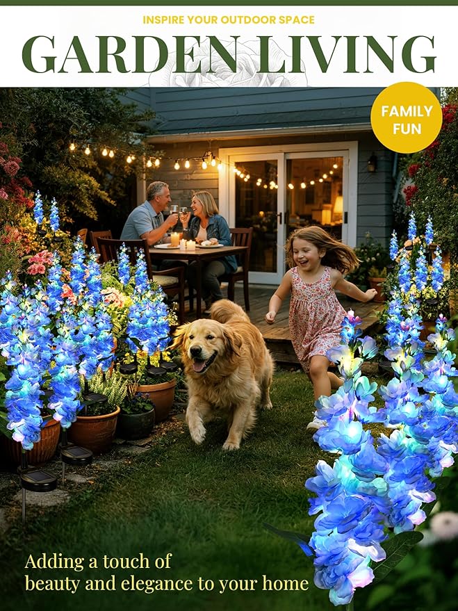 GIGALUMI Solar Lights Outdoor for Garden Decor, 3 Pack Solar Flower Lights Waterproof, 2 Lighting Modes Delphinium for Pathway,Yard, Patio Decoration, Gardening Gifts for Women (Blue)