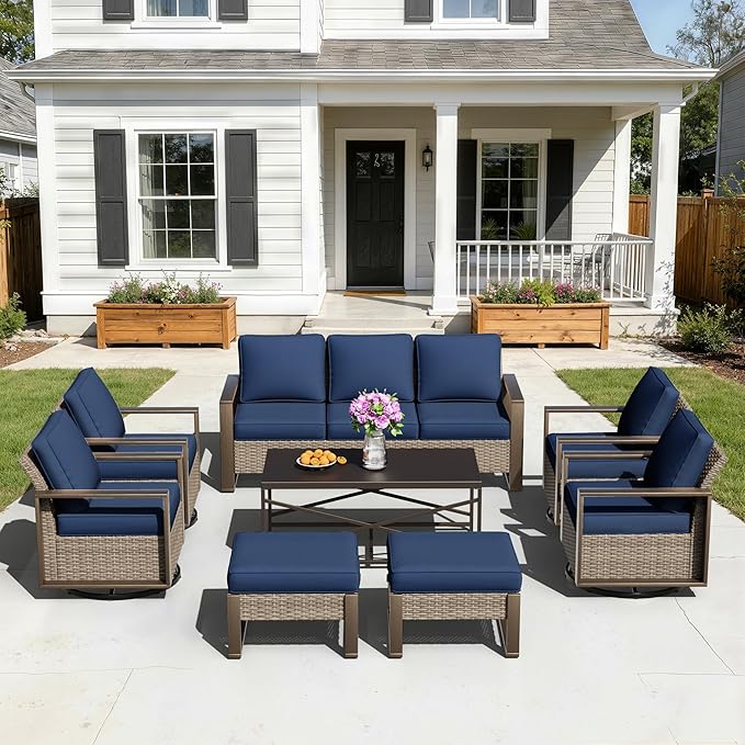 8 Pieces Metal Wicker Patio Furniture Set - 75" Sofa, Four Swivel Chairs and Two Ottomans, One Coffee Table All Weather Rattan Outdoor Conversation Furniture with Washable Cushion for Deck, Dark Blue