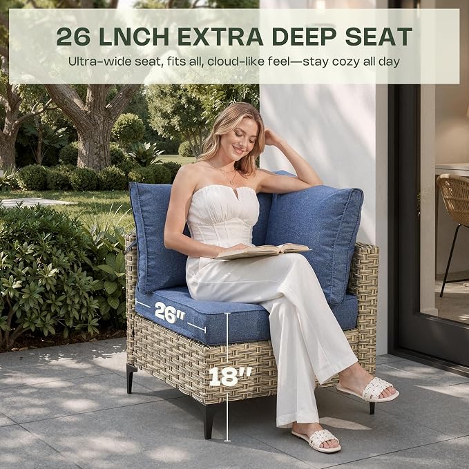 8 Pieces Patio Furniture Set, Outdoor Conversation Set with 360° Swivel Rocker Chairs, Wicker Sectional Sofa & Solar Powered Lighted Table, High Back Outdoor Furniture for Backyard Porch, Denim Blue