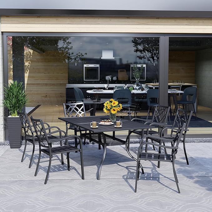 Crownland 7 Piece Outdoor Patio Metal Dining Sets, 6 Stackable Metal Chairs and Rectangular Outdoor Dining Table with with Khaki 9FT Round Outdoor Umbrella, for Backyard, Garden (Classic Black)