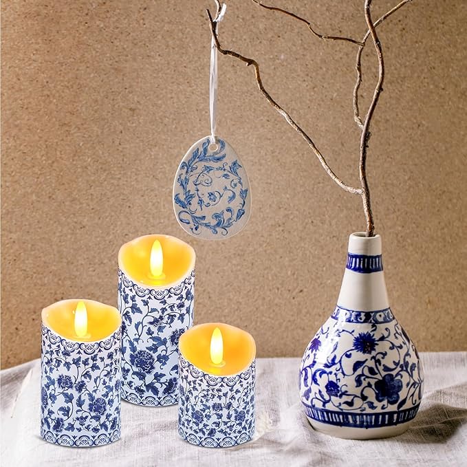 Tujoe 3 Pcs Chinoiserie Flameless Candles Blue and White Battery Operated Candles Blue White Floral Printed Faux Candles with Remote Timer for Wedding Garden Festive Home Party Decoration