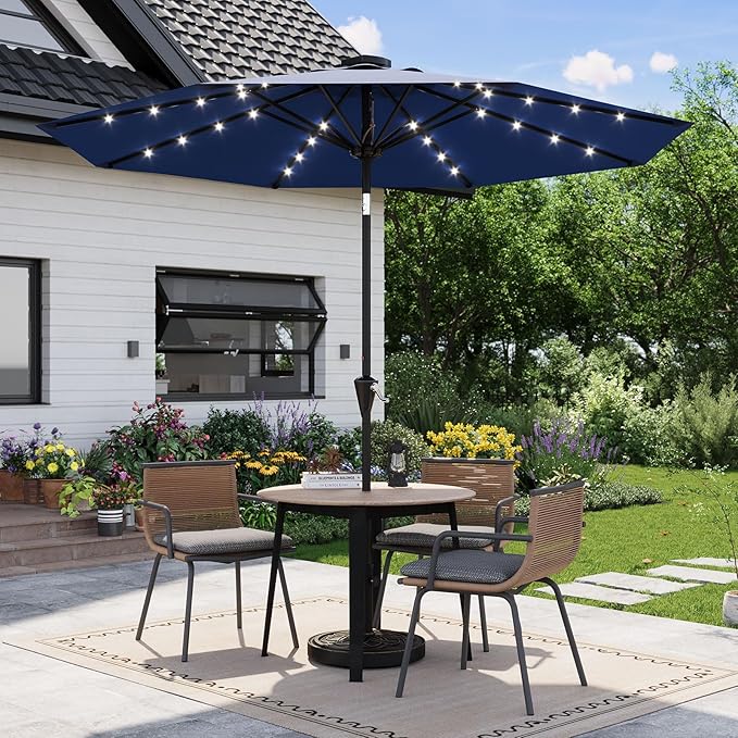 Garvee 9/10 FT Solar Patio Umbrella with 32 LED Lights - Outdoor Table Umbrella with Crank Lift, Push Button Tilt and 8 Sturdy Ribs - Market Umbrella UV Protection for Pool, Deck, Yard, Garden