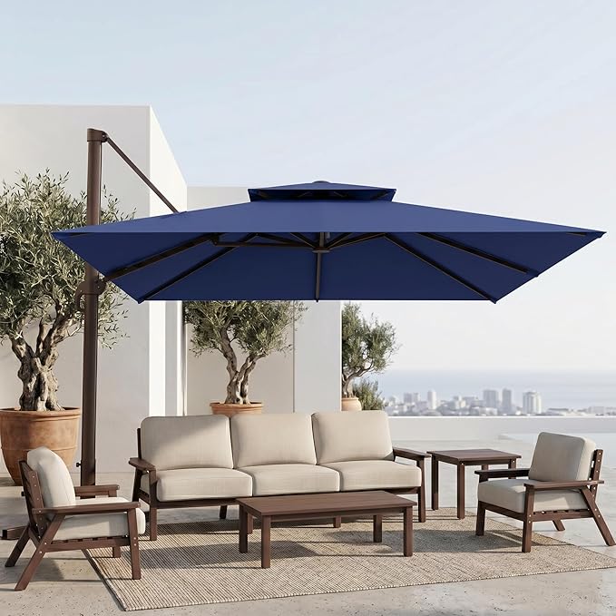 11' Patio Umbrella, Double Top Aluminum Cantilever Umbrella with 360°Rotation, Offset Patio Umbrella with Easy Tilt for Pool Deck Garden Backyard, Navy Blue (Base not Included)