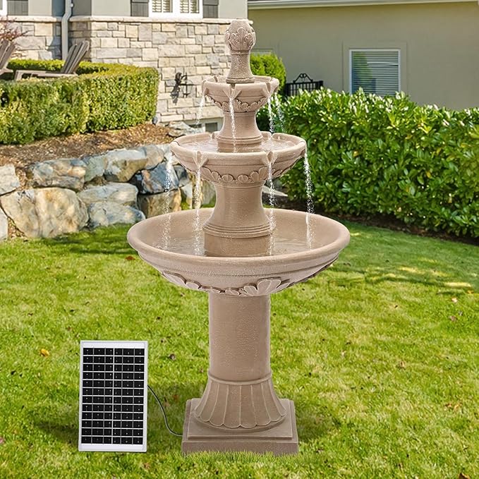 48"H Outdoor Italian Solar Water Fountain, 3-Tier Water Floor Solar Waterfall Fountain Decor with Pump and Solar Panel, Decorative Leaf Carving, Cascading Stone Look Garden Resin Fountains